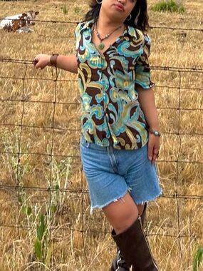 INC International Concepts Brown, Turquoise & Lime Paisley Button-Up Blouse